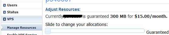 Select manage resources to set your memory levels and VPS monthly price